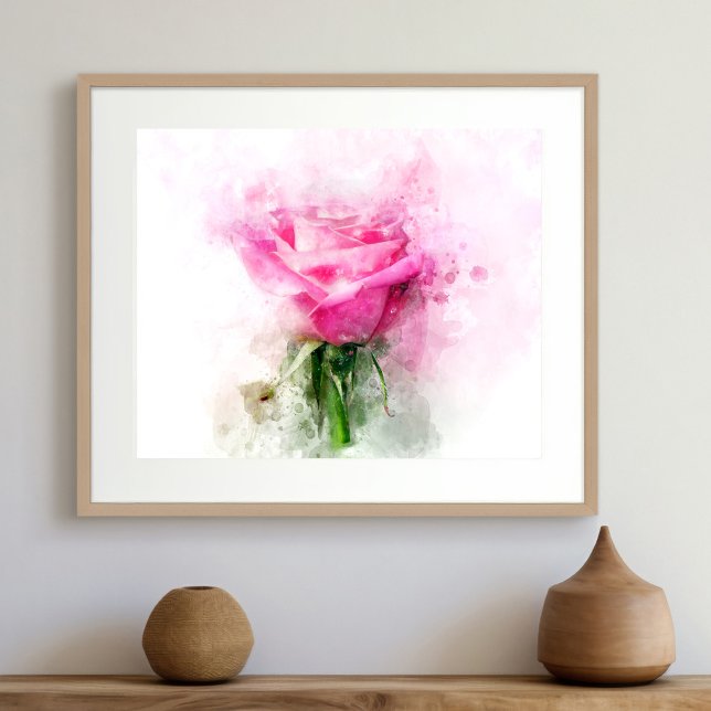 Foto Arte de acuarela de rosa rosa sobre fondo blanco (Pink Rose Watercolor Art on White Background. Photo Print)