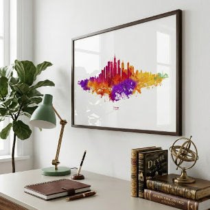 Foto Arte de Acuarela del Horizonte de Chicago sobre Fo