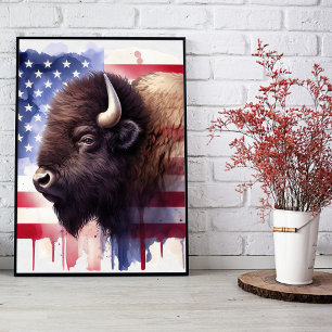 Foto Arte de Bisonte Americano Majestuoso y Bandera Pat