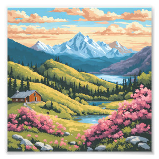 Foto Arte de cabaña en un colorido paisaje montañoso de