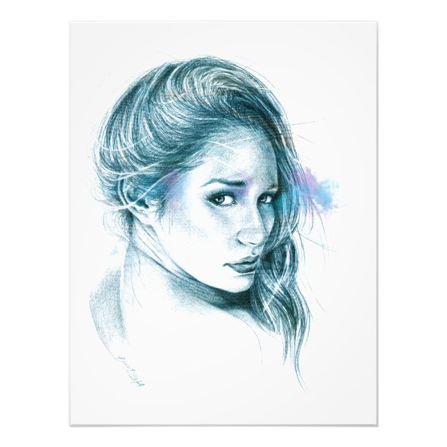 Foto arte de dibujo de lápiz de retrato chica Azul (Frente)