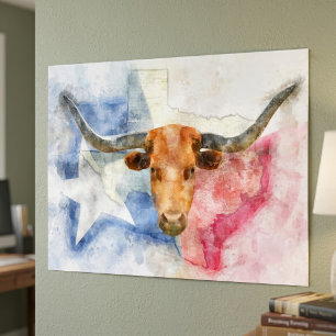 Foto Arte de Impresión en Acuarela de Vaca y Bandera de