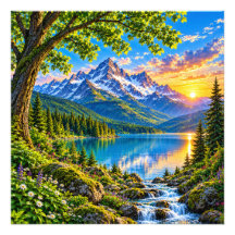Arte de paisaje de puesta de sol en lago de montañ