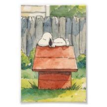 Arte de perro durmiendo en caseta roja en acuarela