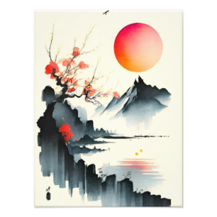 Foto Atardecer japonés sobre flores de cerezo