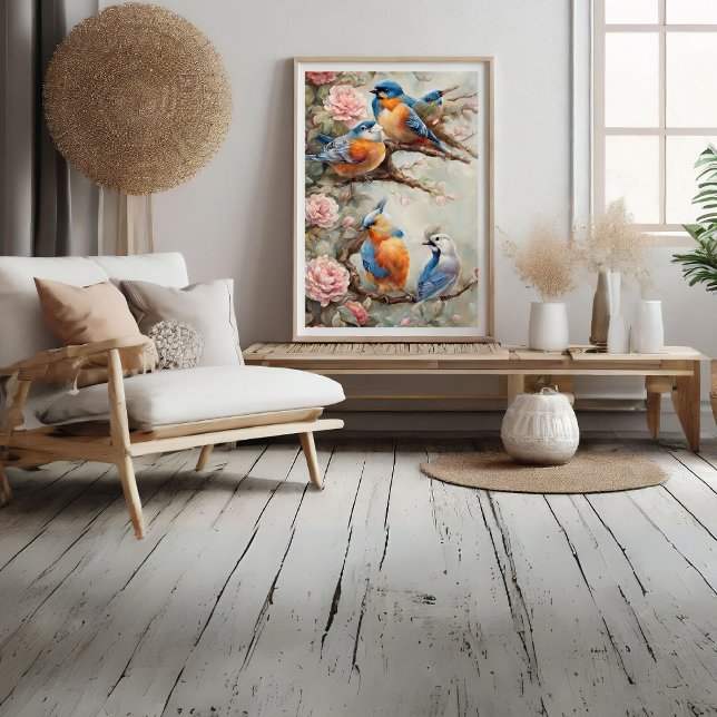 Foto Aves con flores (Birds with Flowers Photo Print)