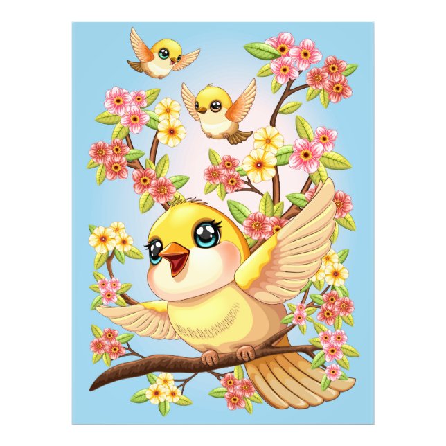 Foto Aves cortas y felices entre las flores de primaver (Frente)