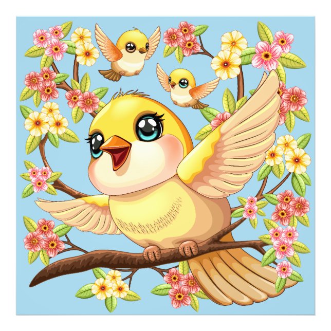 Foto Aves cortas y felices entre las flores de primaver (Frente)