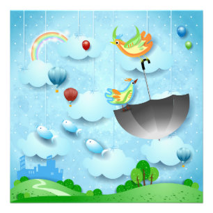 Foto Aves voladoras y paraguas sobre la ciudad