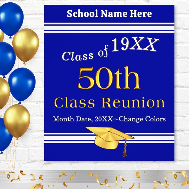 Foto Azul, blanco y oro, ideas de Reunión de 50 clases, (50th class reunion decorations, blue, white and gold high school reunion poster. 50 year reunion.)