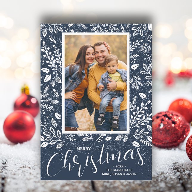 Foto azul de la Marina de Navidad de Feliz (White botanicals on blue Merry Christmas photo holiday cards, PRINTED and/or INSTANT DOWNLOAD)