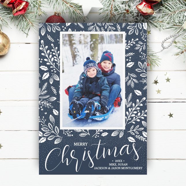 Foto azul de la Marina de Navidad de Feliz (White botanicals on navy blue Merry Christmas photo holiday cards, PRINTED and/or INSTANT DOWNLOAD)