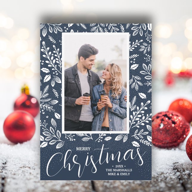 Foto azul de la Marina de Navidad de Feliz (White botanicals on blue Merry Christmas photo holiday cards, PRINTED and/or INSTANT DOWNLOAD)