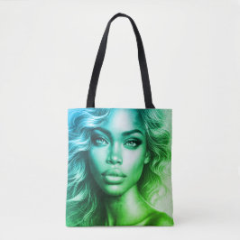 Foto azul + verde de una mujer en bolsa de compras