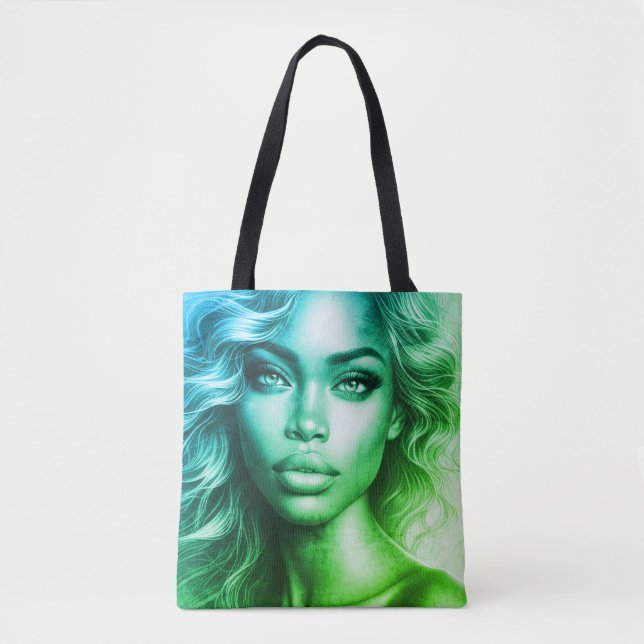Foto azul + verde de una mujer en bolsa de compras (Anverso)