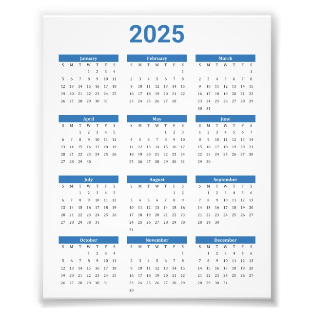 Foto Azul y blanco 2025 Año a un vistazo calendario (Frente)