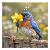 Azulón cantando en un narciso amarillo