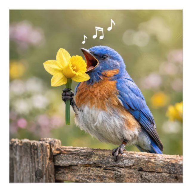 Foto Azulón cantando en un narciso amarillo (Frente)
