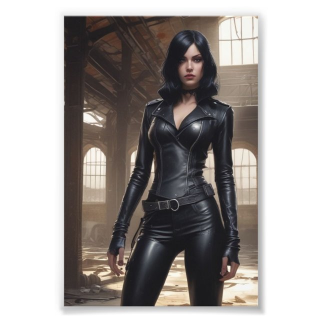 Foto Babe de Gótico con cuero posando almacén abandonad (Frente)