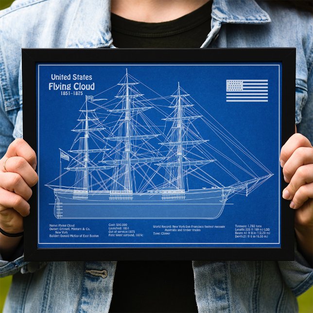 Foto Barco Clipper Flying Cloud - Plano ABD (Clipper Ship Flying Cloud - Blueprint ABD. Photo Print )