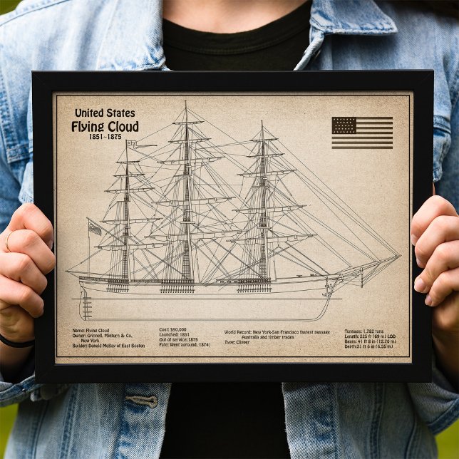 Foto Barco Clipper Flying Cloud - Plano del barco SD (Clipper Ship Flying Cloud - Ship Blueprint SD. Photo Print)