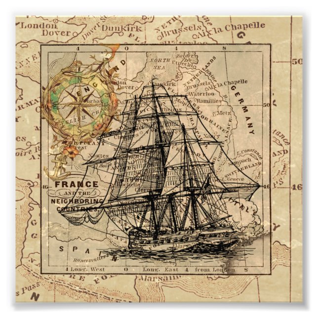 Foto Barco de Vela Antiguo y Mapa Europeo Antiguo (Frente)