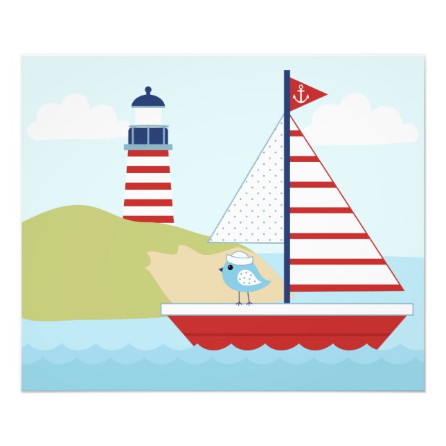 Foto Barco de vela roja y faro (Frente)