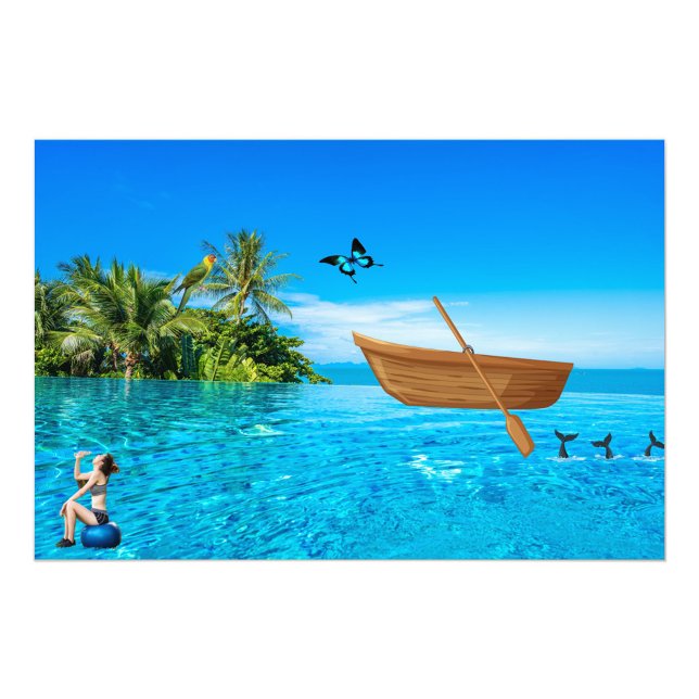 Foto Barco pesquero (A digital illustration features a vibrant tropical scene with a woman, a boat, and various elements!)