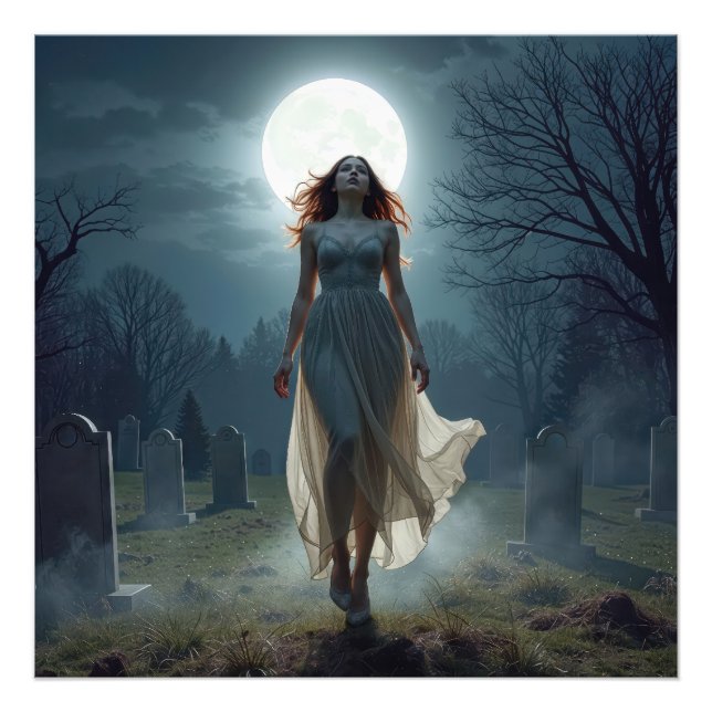 Foto Beautiful Woman Walking In a Moonlit Cemetery (Frente)