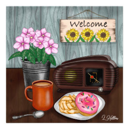 Foto Bienvenida, girasoles, donuts y café