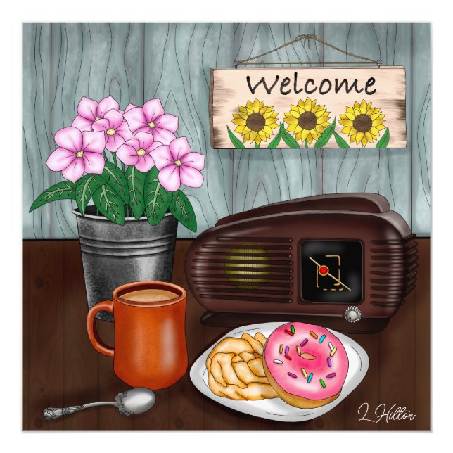 Foto Bienvenida, girasoles, donuts y café (Frente)