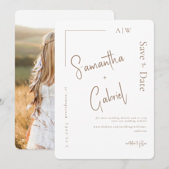 Foto Blanca Tarjeta de Boda Contemporánea Save the (Anverso / Reverso)