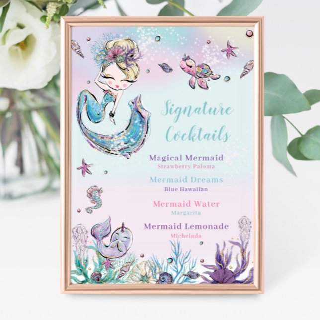 Foto Blonde Mermaid Menú de cócteles de la firma del cu (zazzle-mermaid-blonde-girl-under-the-sea-ocean-pool-birthday-baby-shower-signature-cocktails-sign)