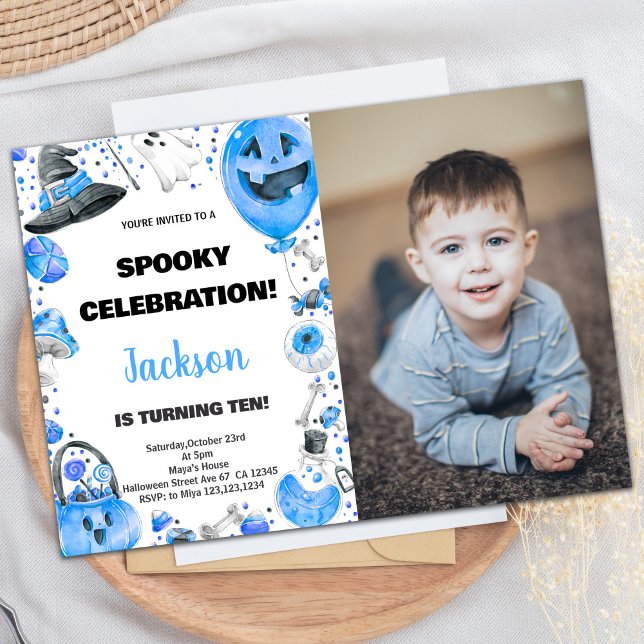 Foto Blue Ballon Invitaciones de cumpleaños de Hal (Photo Blue Ballon Halloween Birthday Invitations)