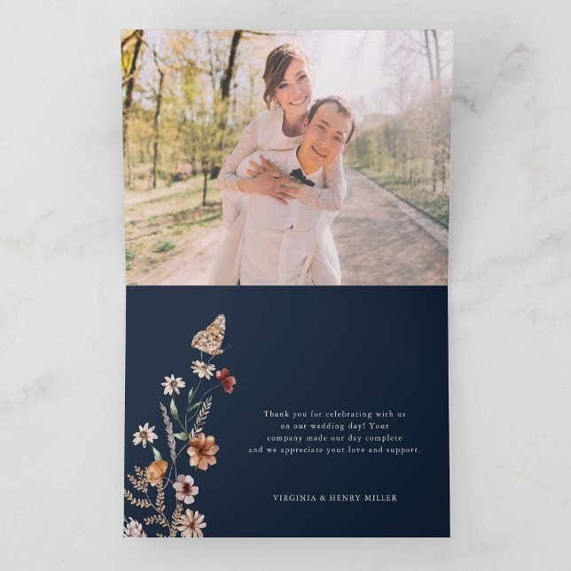 Foto Blue Floral Boho Boda Gracias Tarjeta (Folding Photo Navy Blue Floral Boho Wedding Thank You Card by Painted Paperie
)