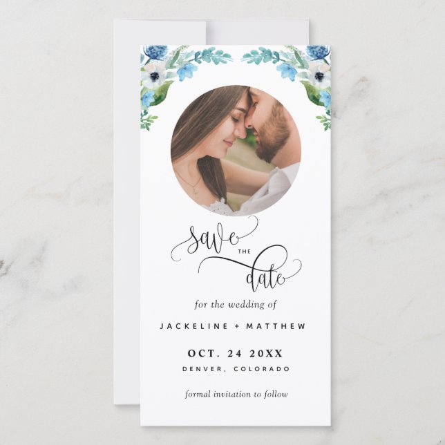Foto: Blue Floral Wedding Save the Date Bookmark (Anverso)