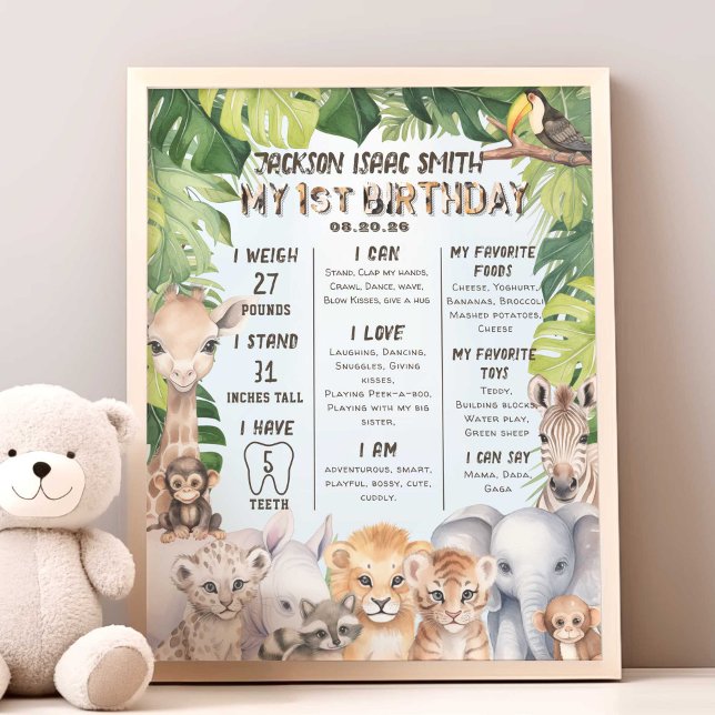 Foto Blue Jungle Animals 1er aniversario Stats Mileston (Blue Baby Boy 1st birthday, Safari animals themed birthday stats , milestone poster.)