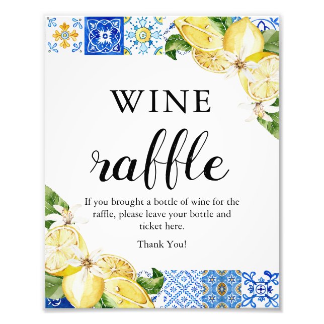 Foto Blue Tiles Lemon Wine Raffle Bridal Shower Rótulo (Frente)