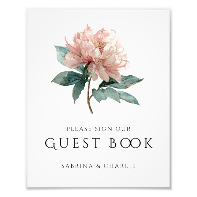 Foto Blush Pink Peony Floral Wedding Guest Book Sign (Frente)
