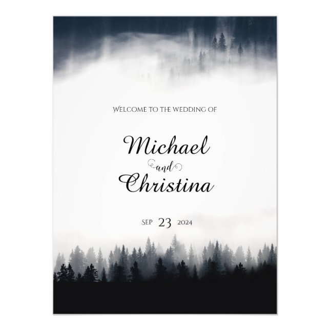 Foto Boda de la naturaleza del bosque de abeto de niebl (Frente)