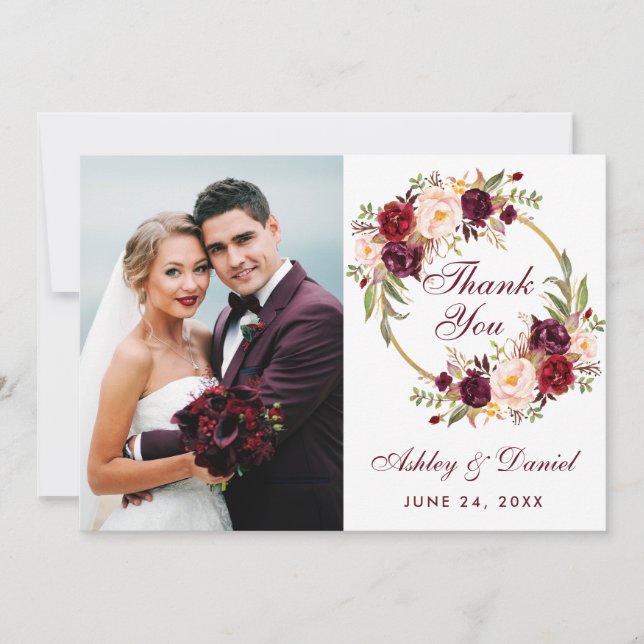 Foto boda Floral Burgundy Wreath Tarjeta de agrade (Anverso)