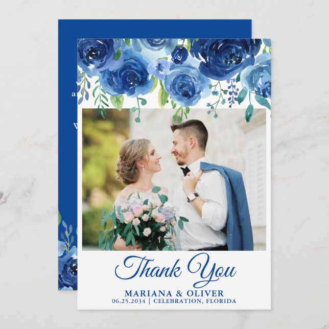 Foto boda Gracias Tarjeta Floral Azul Marina (Anverso / Reverso)