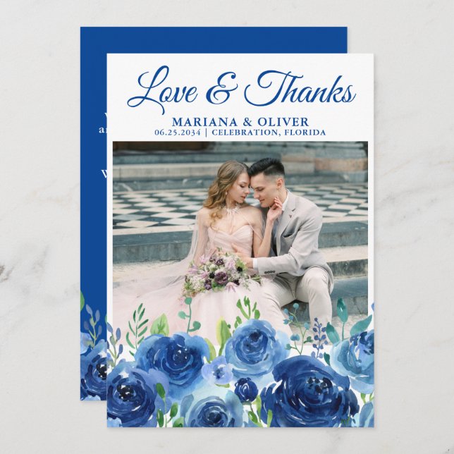 Foto boda Gracias Tarjeta Floral Azul Marina (Anverso / Reverso)