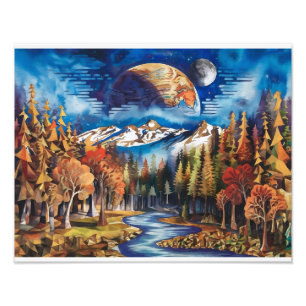 Foto Bosque otoñal con majestuosa Tierra y cielo lunar