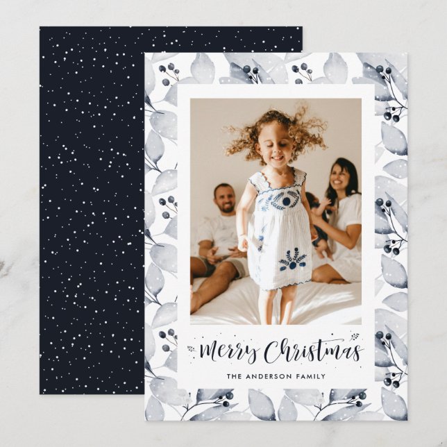 Foto botánica azul Tarjeta navideña Merry (Anverso / Reverso)