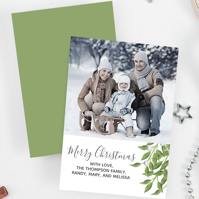 Foto Botánica de Feliz Navidad Uno (Merry Christmas holiday greenery photo card with greenery. )