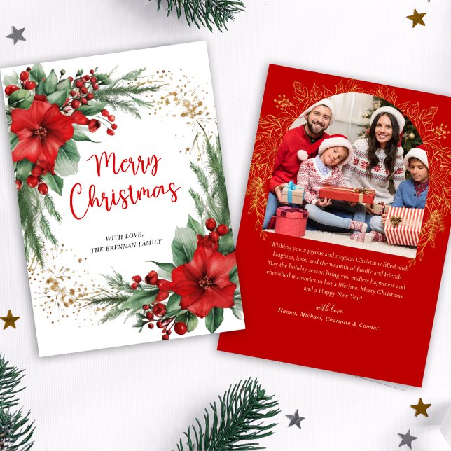 Foto botánica de la navidad roja (Red Merry Christmas Botanical Photo Holiday Card)