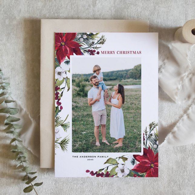 Foto botánica de Red Poinsettia Feliz Navidad (Customizable photo Christmas card featuring watercolor burgundy red poinsettia and white flowers)