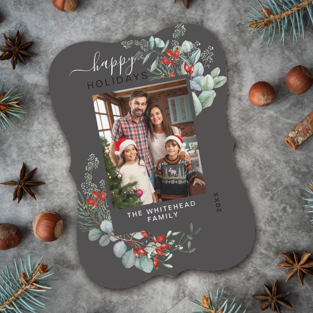 Foto botánica moderna de Navidad en gris (You will love these beautiful Christmas cards! They feature botanical watercolor pine and berries.)
