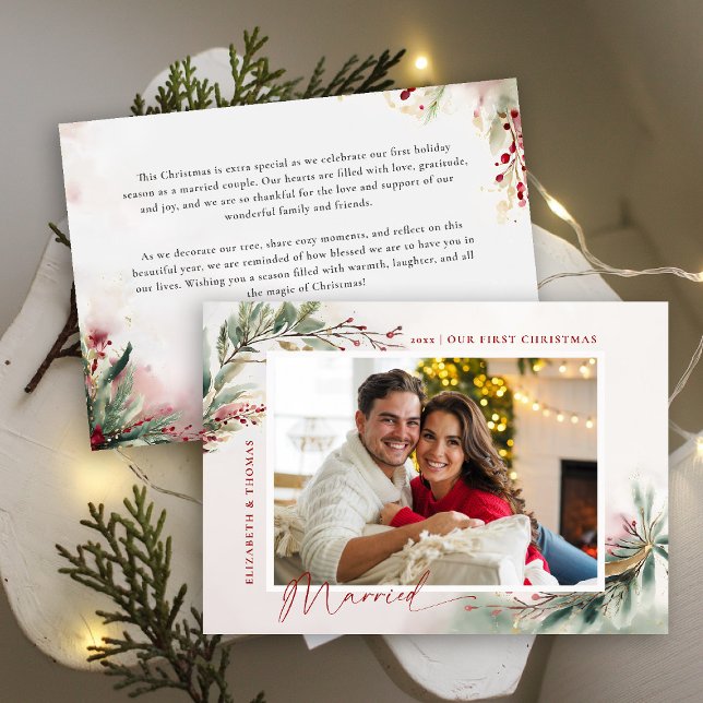 Foto Botánica Roja De Invierno Primera Navidad Cas (first christmas married romantic holiday christmas photo card watercolor winter greenery botanical)